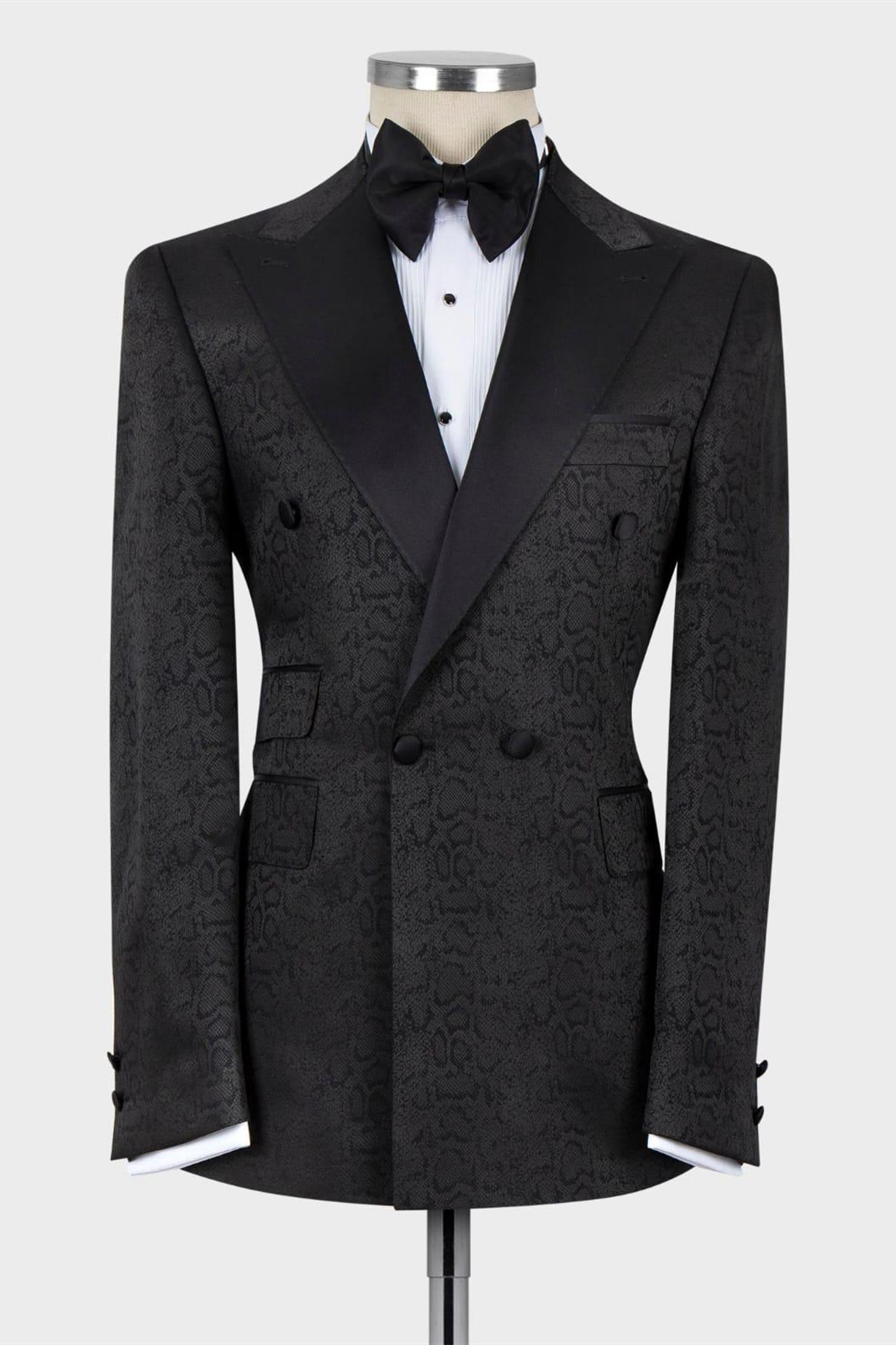 Black Jacquard Point Collar Double-Breasted Suit