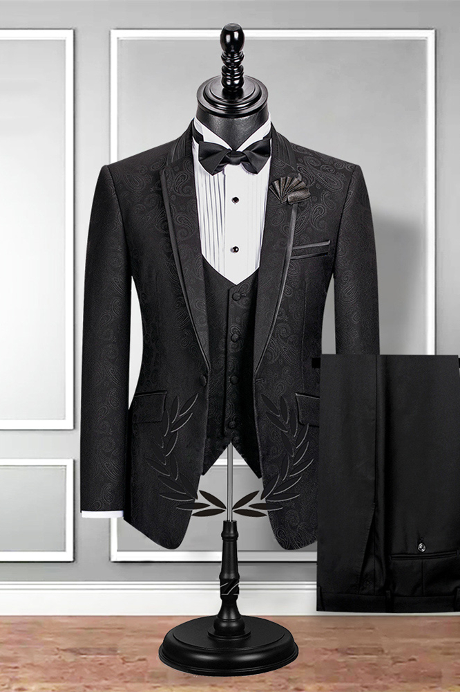 Notch Lapel Black Groom Suit Slim Fit Jacquard Wedding Tuxedo