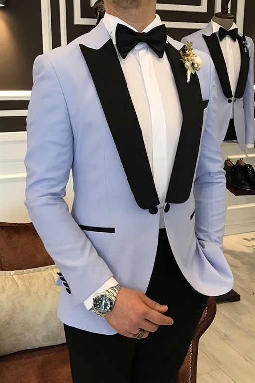 John's New Sky Blue One-Button Slim Fit Suit with Black Pointed Lapel