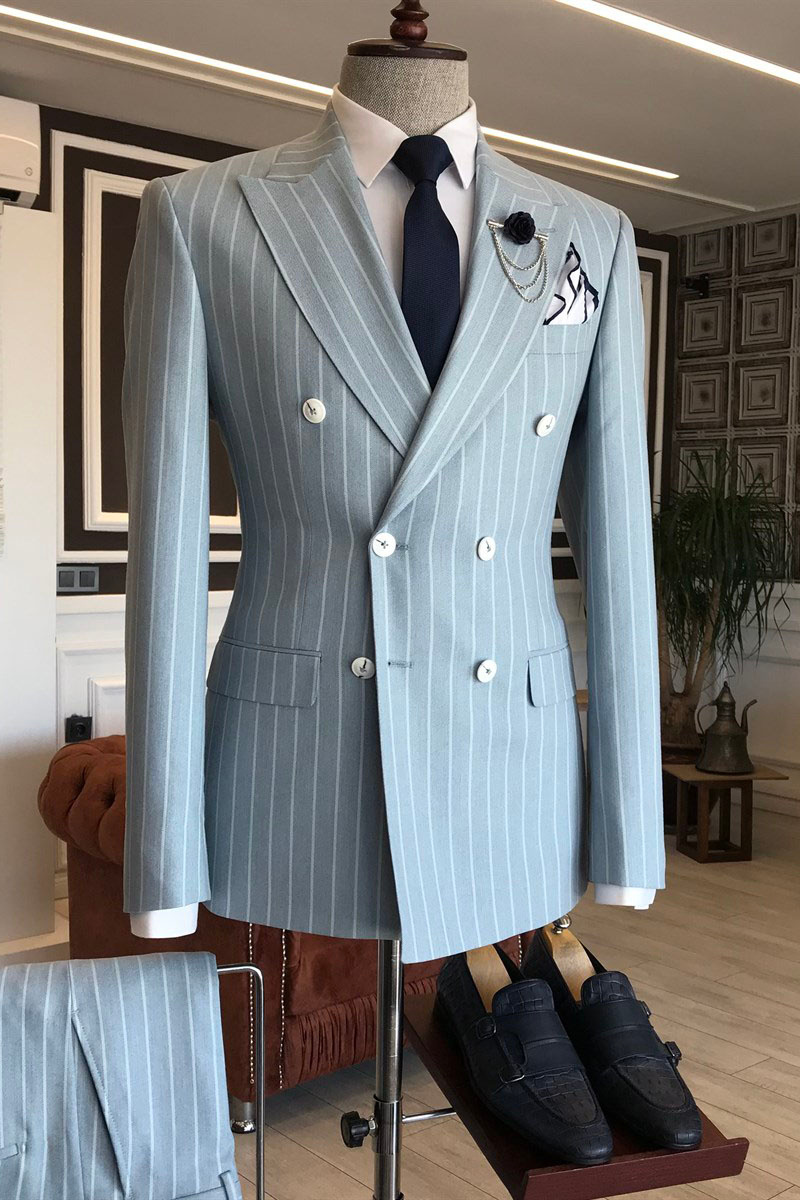 Dana Stylish Grey Striped Point Lapel Double-Breasted Business Suit