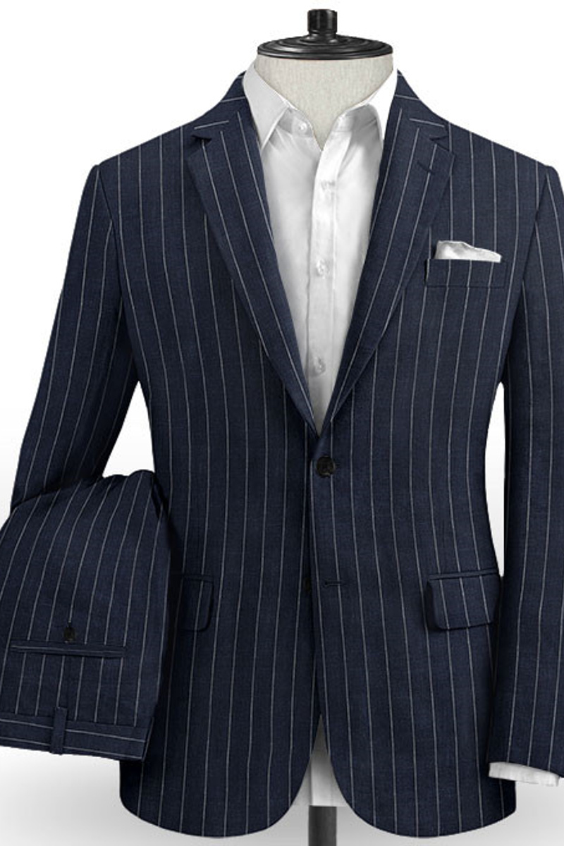 Marvin Dark Blue Linen Casual Tuxedo Striped Slim Fit Suit