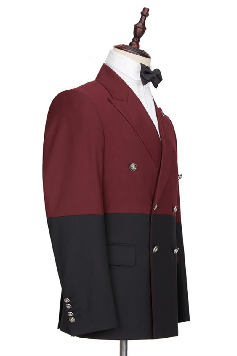 Emmanuel Stylish Burgundy And Black Double Breasted Point Lapel Men Suit For Prom