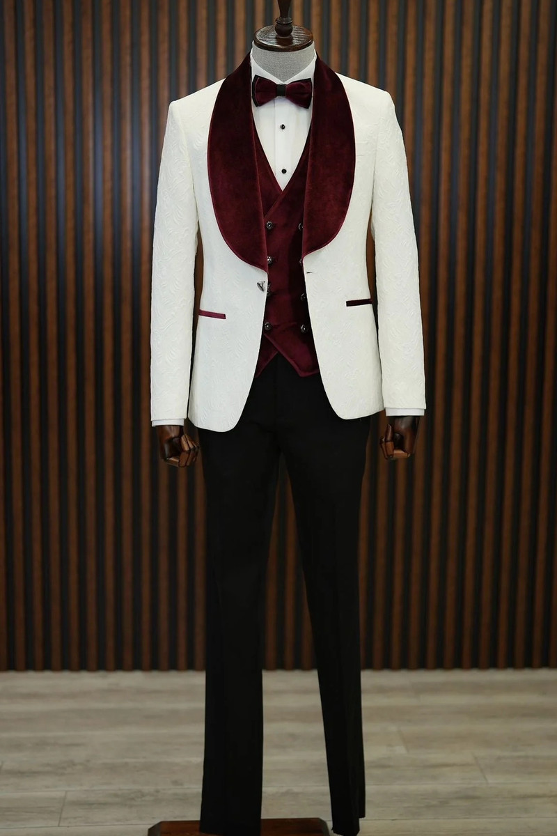 bella Burgundy Velvet Shawl Lapel Jacquard Slim Fit Three-Piece Tuxedo