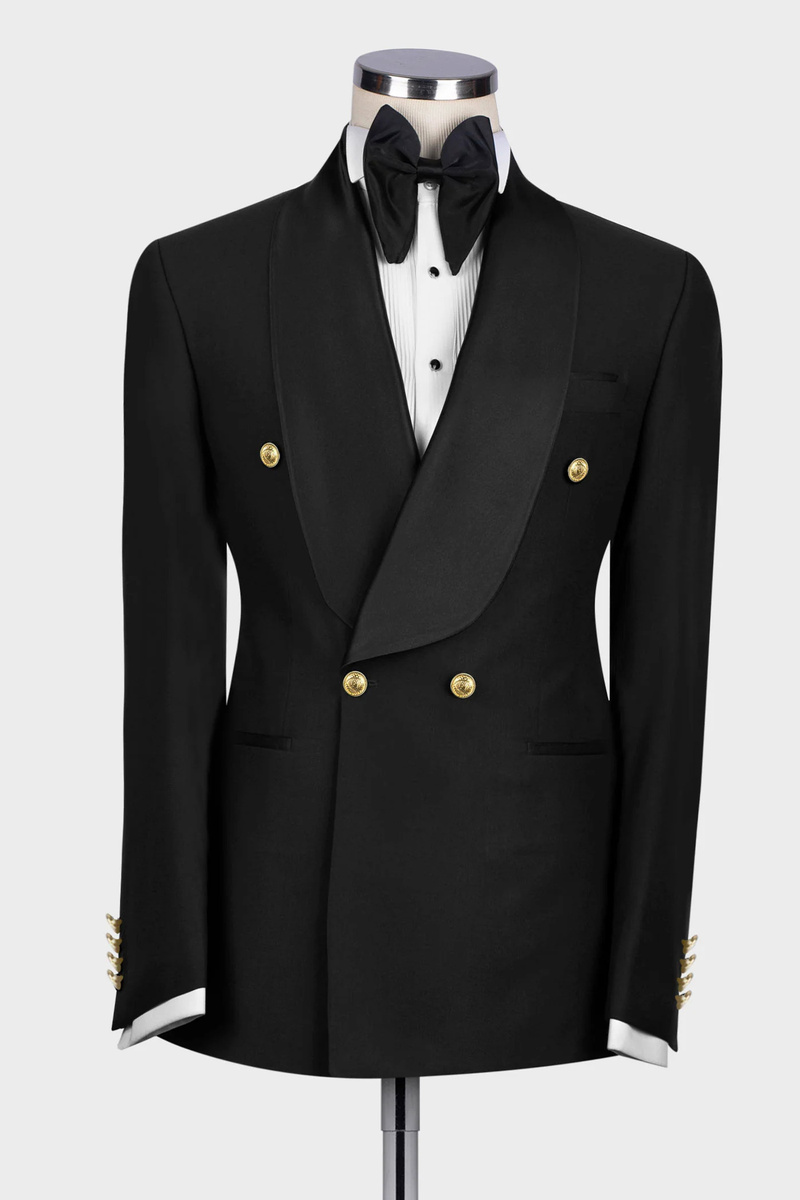 Black Double-Breasted Wool Blend Shawl Collar Men's Wedding Suit with Gold Buttons