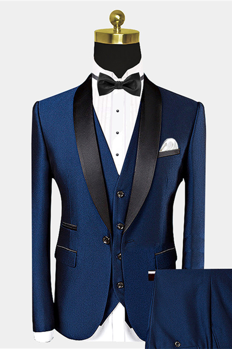 Popular Dark Navy Blue Suit for Groom Black Satin Shawl Lapel Wedding Tuxedo for Groomsmen