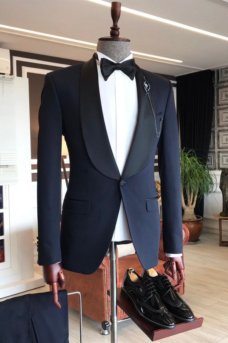 Allan Dark Navy Fashion Black Shawl Lapel One-Button Wedding Suit