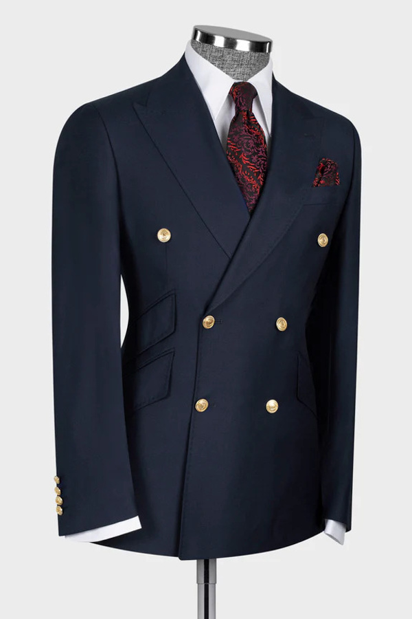 Calm Navy Blue Double-Breasted Men's Two-Piece Suit with Three Pockets