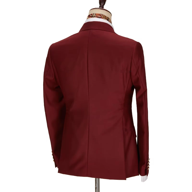 Charming Burgundy Peak Lapel Double-Breasted Gold Buttons Prom Suit