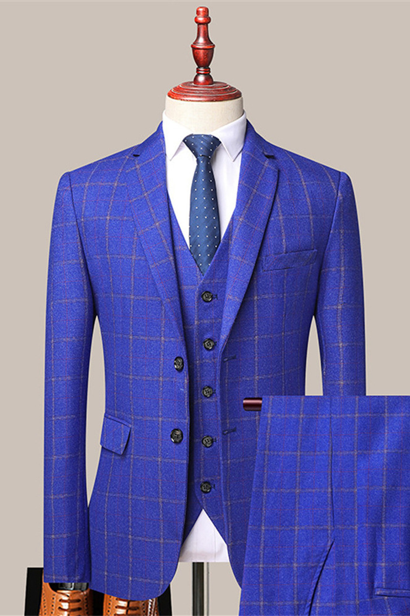 Stylish Plaid Slim Fit Formal Men Suits Reece Royal Blue Men Suits