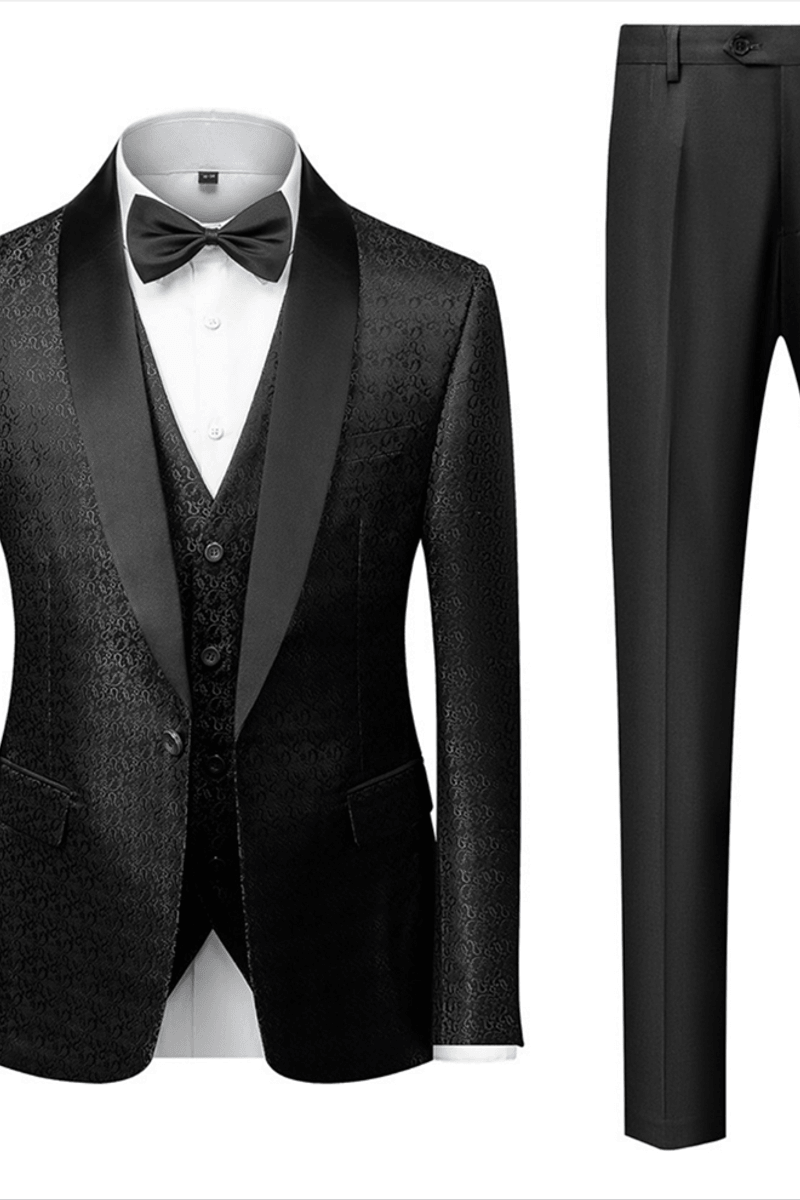 Classic Black Satin Shawl Lapel Jacquard Wedding Tuxedo