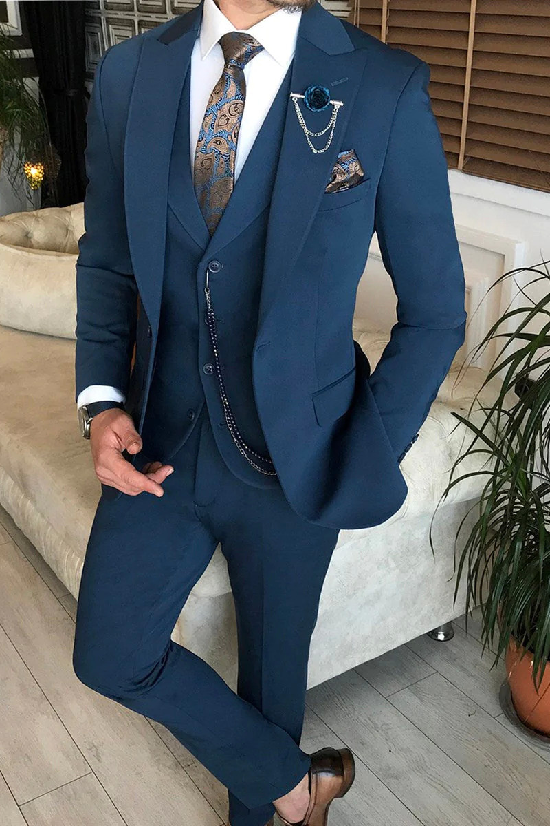 Navy Blue Lapel Collar Single-Breasted Three-Piece Suit Flat Lapel Collar Vest
