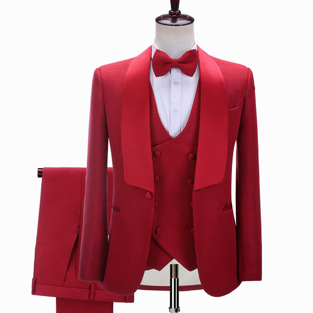 Steven Red Three-Piece Shawl Lapel Slim Fit Wedding Set
