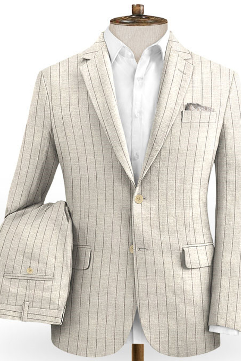 Light Champagne Two-Piece Striped Tuxedo Linen Summer Beach Groom Suit