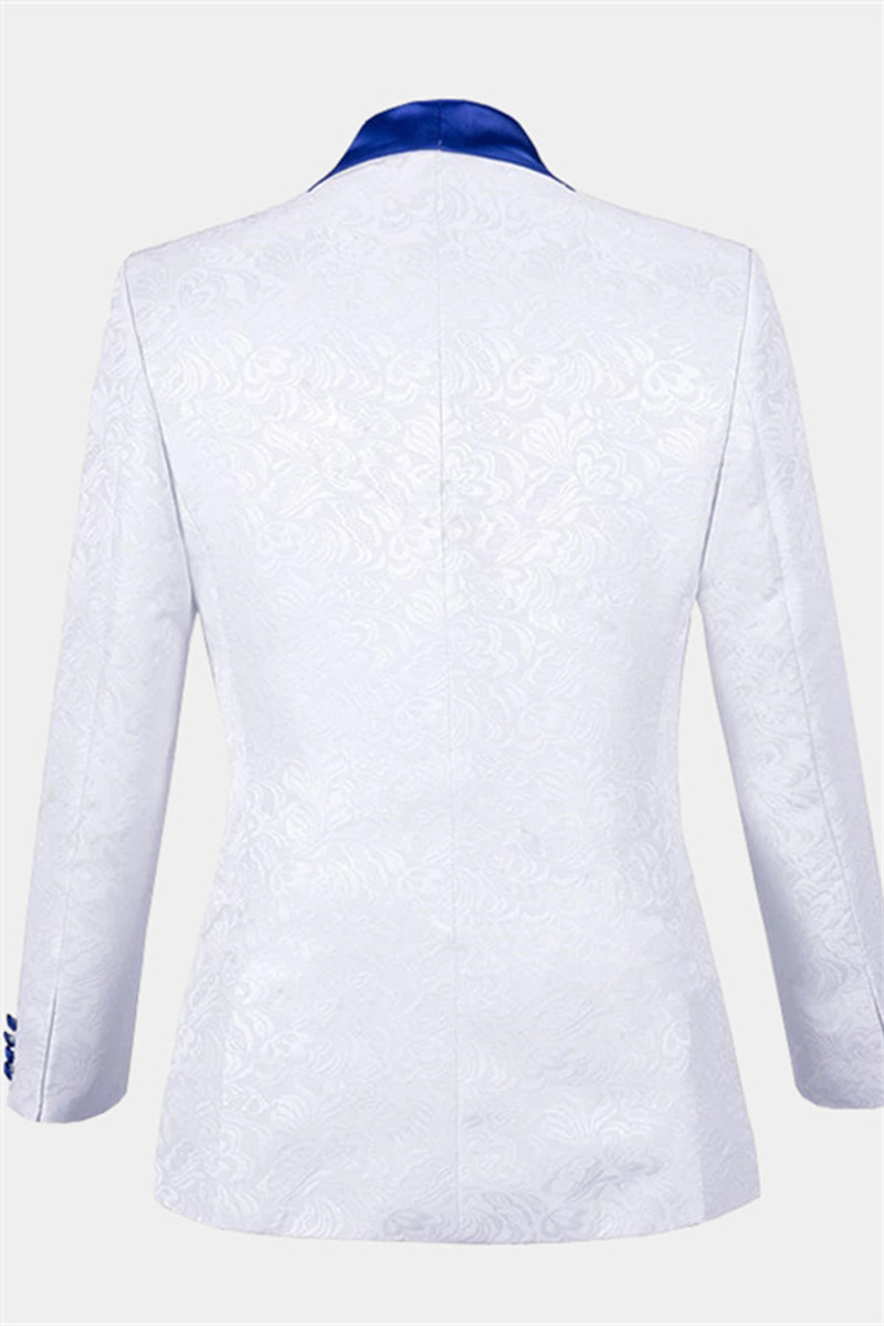 White Jacquard Tuxedo with Blue Shawl Lapel Three-Piece Set