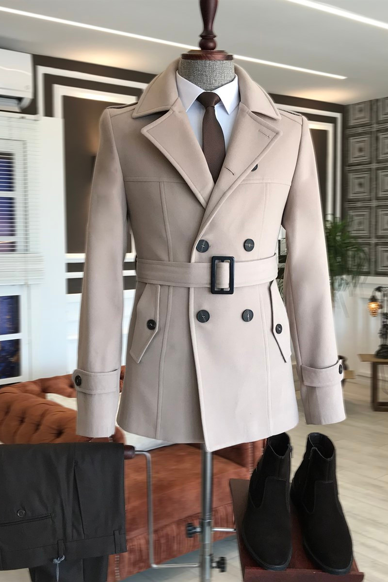 King Unique Champagne Double-Breasted 2-Place Belted Wool Jacket