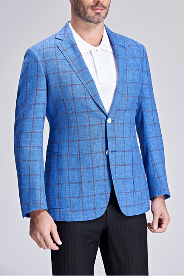 Brown Check Bright Blue Casual Blazer With Patch Pockets