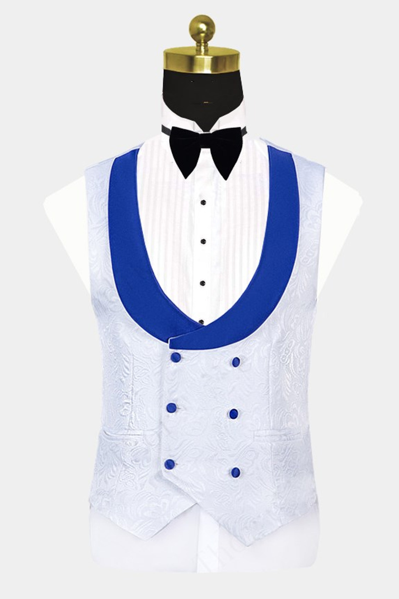 White Jacquard Tuxedo with Blue Shawl Lapel Three-Piece Set