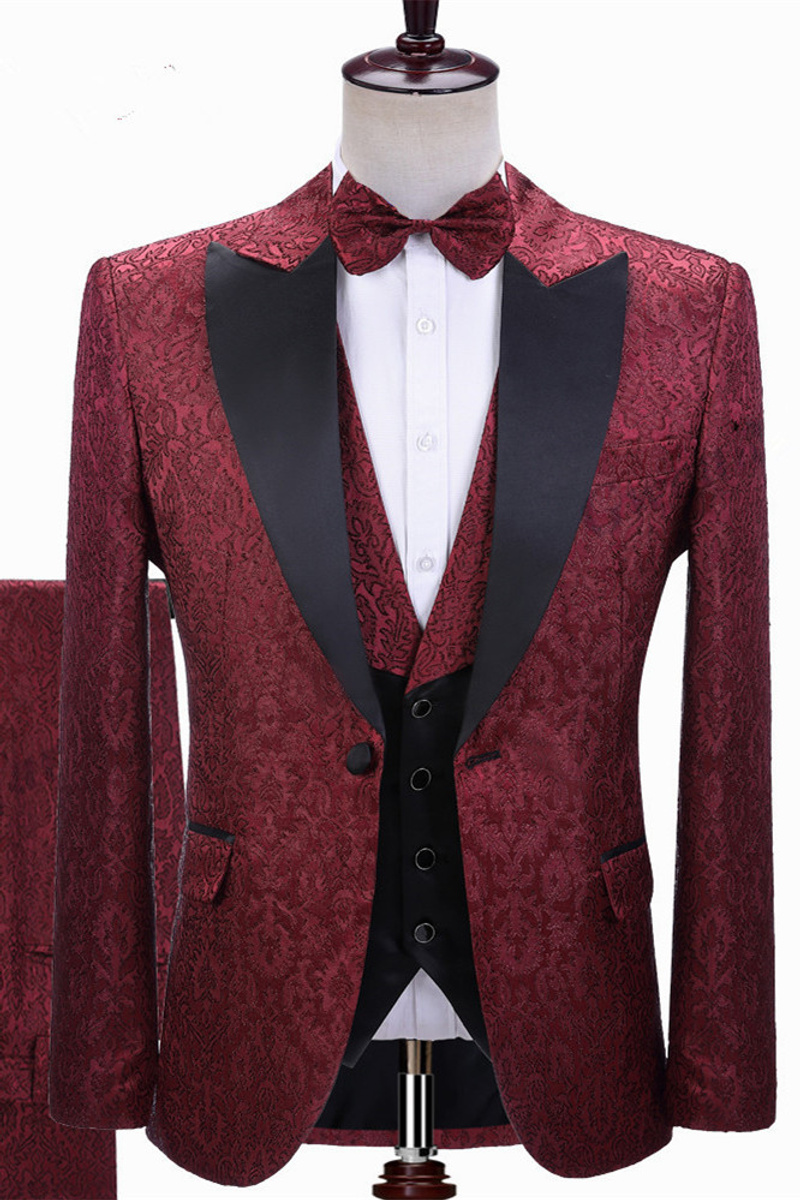 Parker Burgundy Jacquard Peaked Lapel Three-Piece Wedding Suit