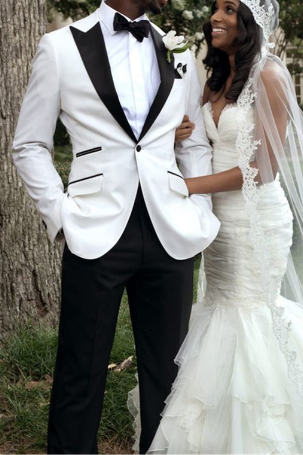 White Groom Tuxedo Point Lapel Groomsmen Prom Outfit