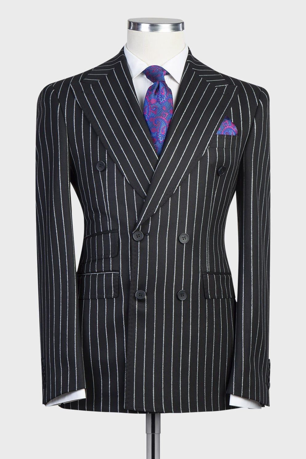 Modern Black Striped Double-Breasted Point Collar Business Suit