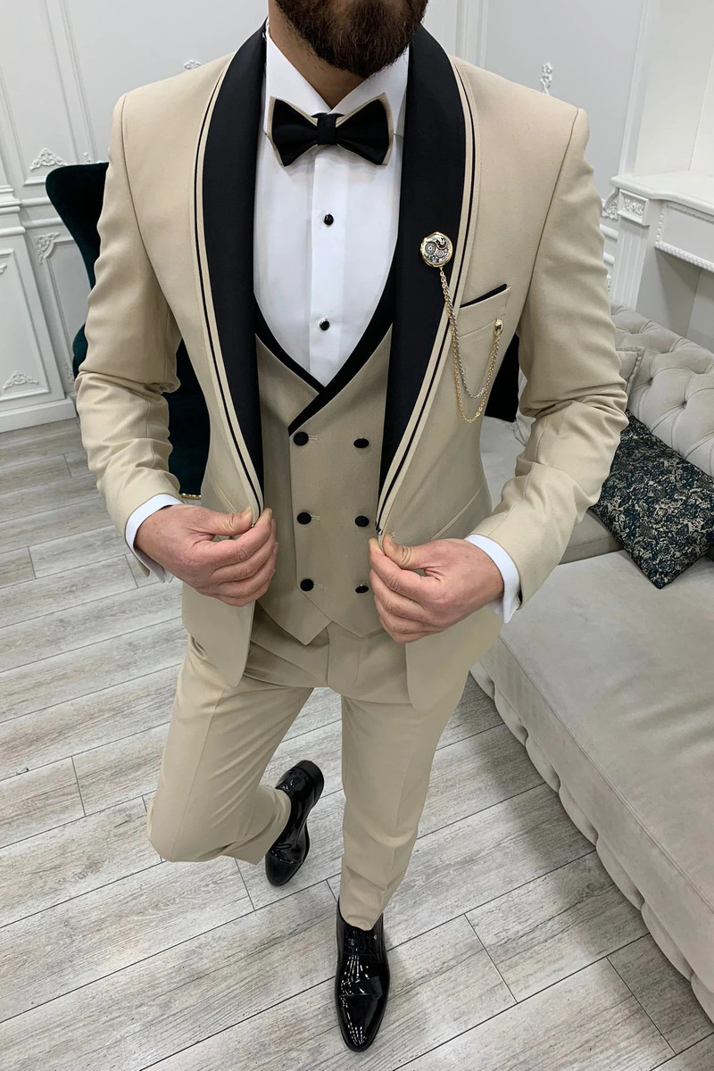 Italian Beige Slim Shawl Double Stripe Lapel Three-Piece Tuxedo