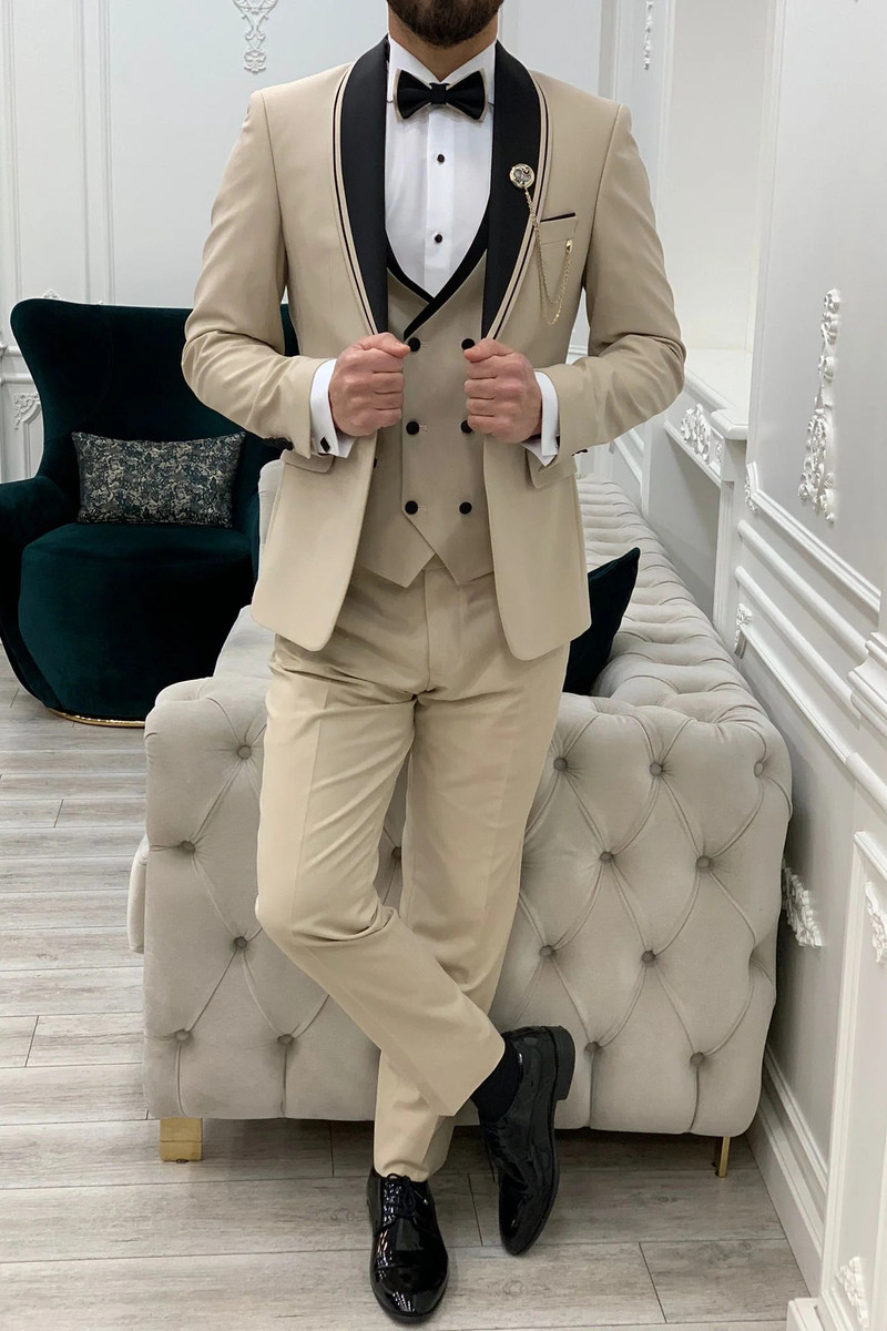 Italian Beige Slim Shawl Double Stripe Lapel Three-Piece Tuxedo