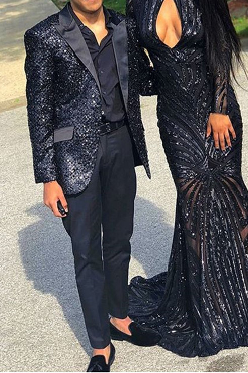 Black Sequin Men Suits Online Unique Peak Lapel Two Piece Prom Suit