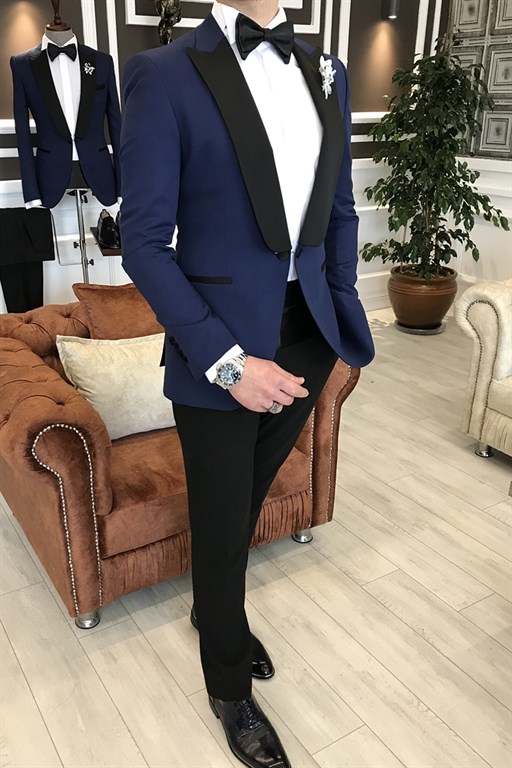 Jacobs Modern Navy with Black Pointed Lapel One-Button Slim Fit Prom Suit