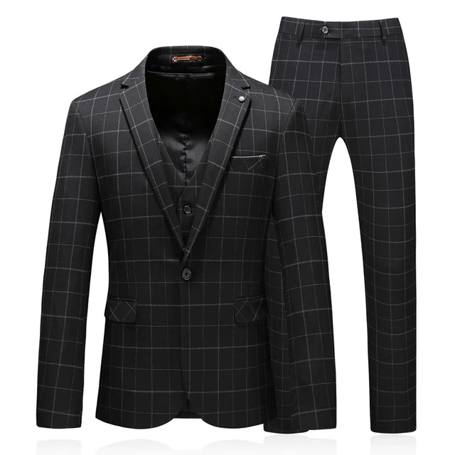 Micheal Black Check Point Lapel Three Piece Suit