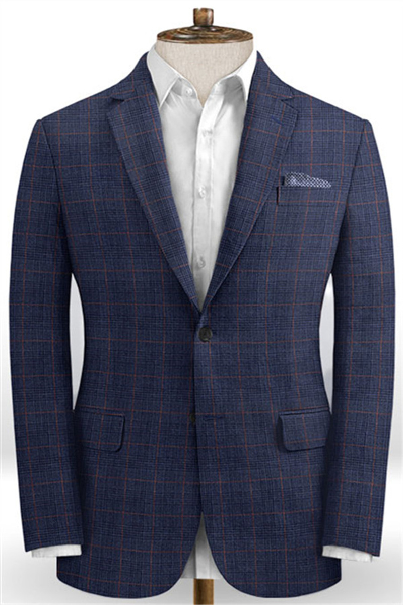 Blue Plaid Linen Tuxedo Online Casual Two-Piece Slim Fit Suit