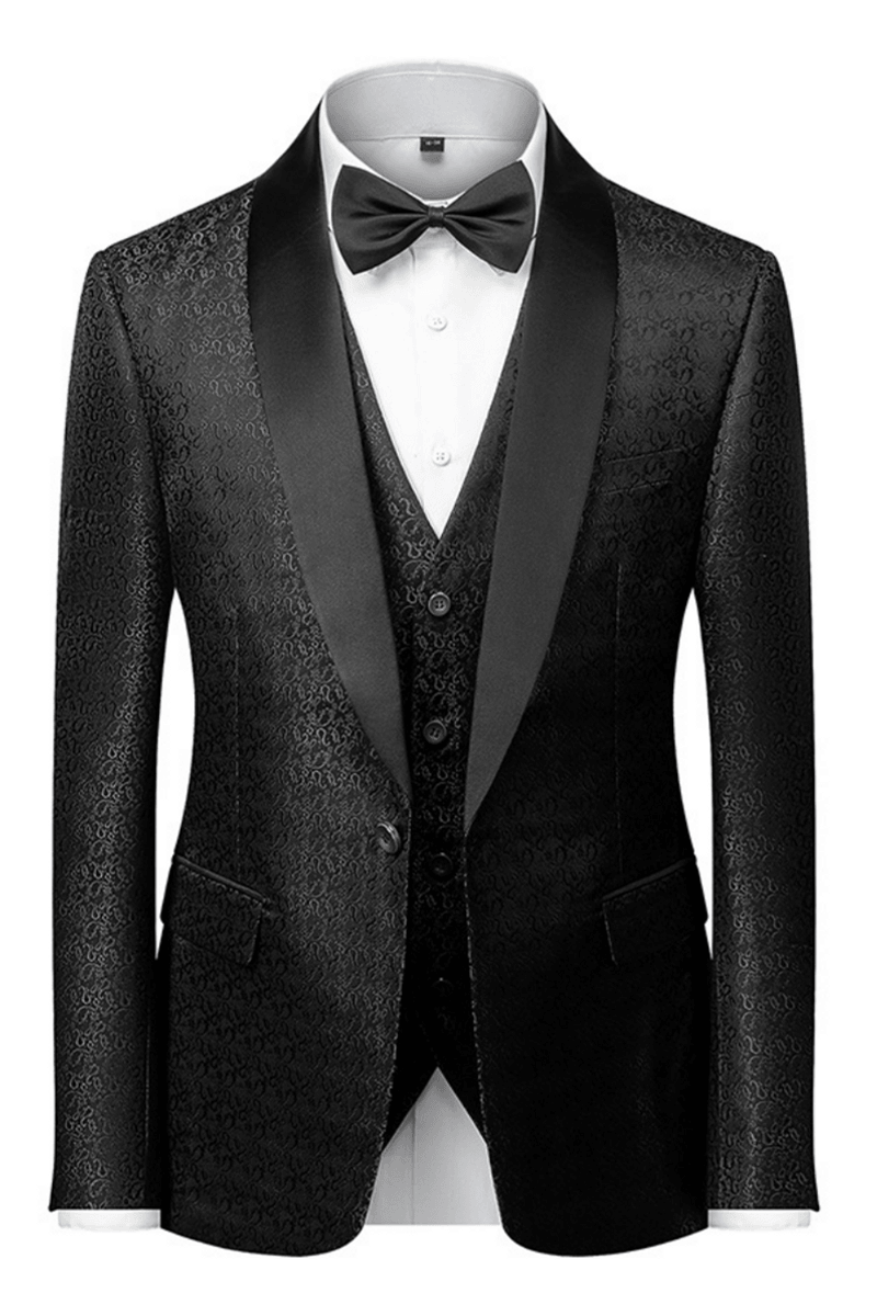 Classic Black Satin Shawl Lapel Jacquard Wedding Tuxedo