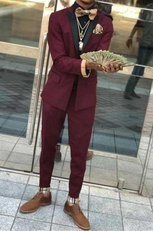 Christian Stylish Burgundy Two Piece Black Lapel Men Suit