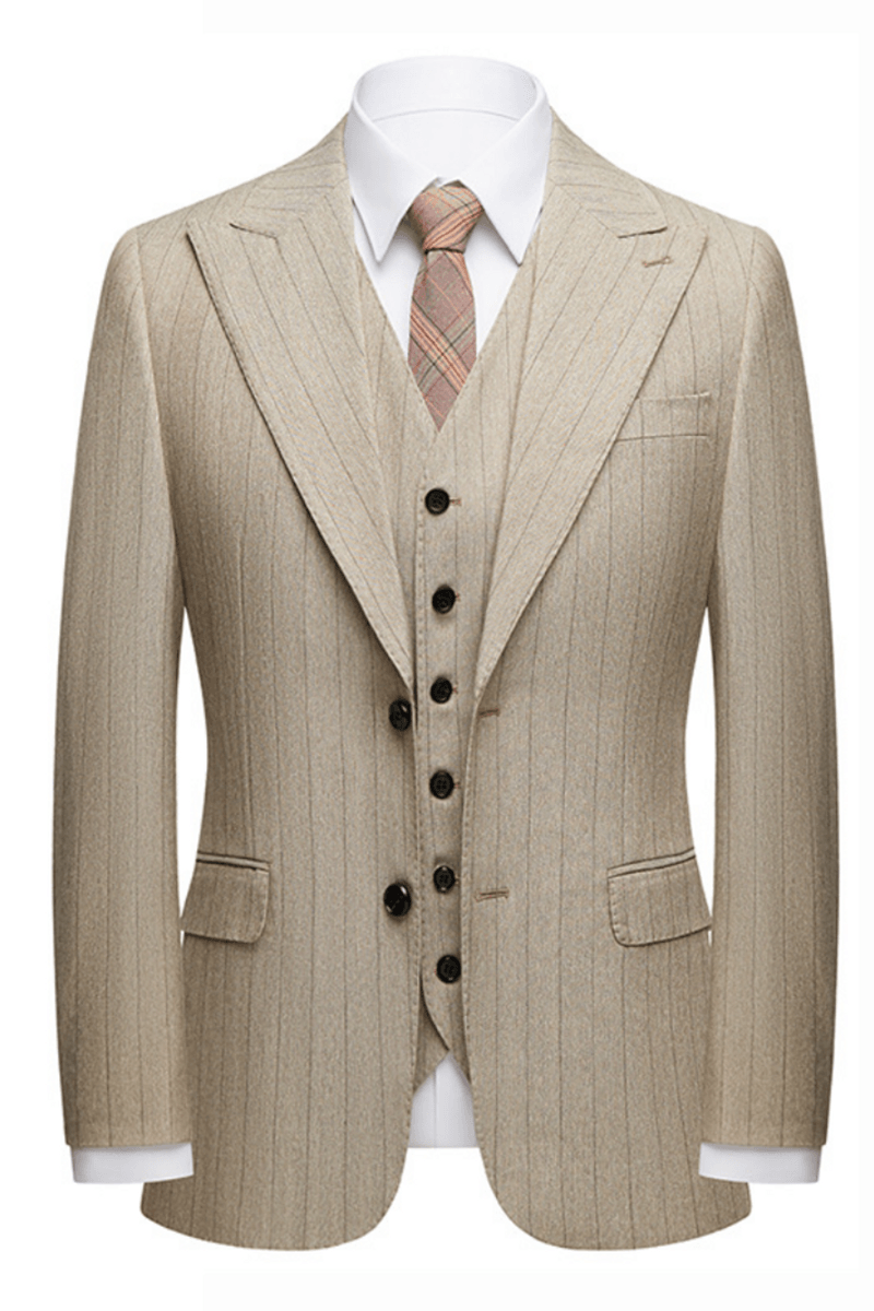 Gentle Khaki Striped Peak Lapel Formal Men Suit For Business
