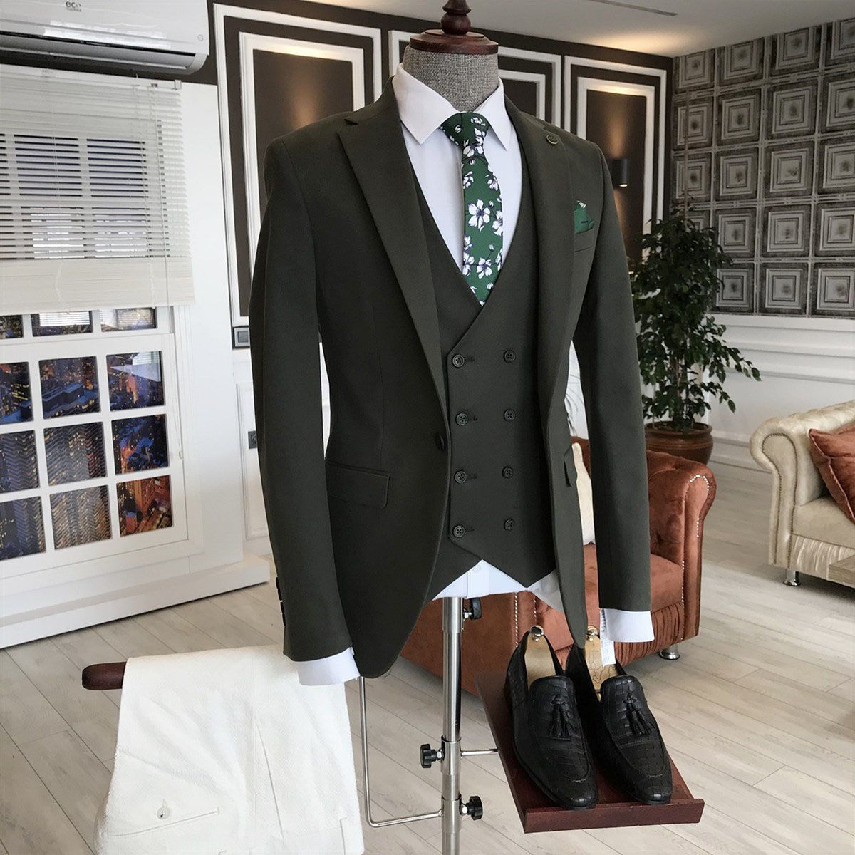Ziv Green Three-Piece Double-Breasted Vest Business Suit
