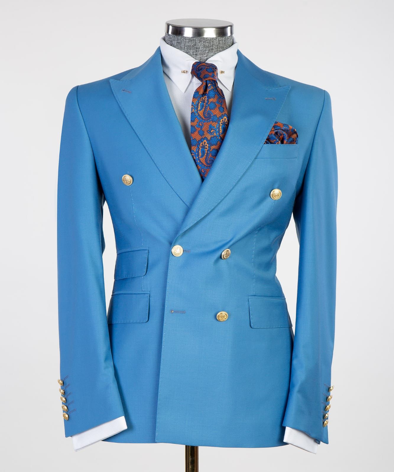 Modern Blue Double-Breasted Point Collar Business Suit