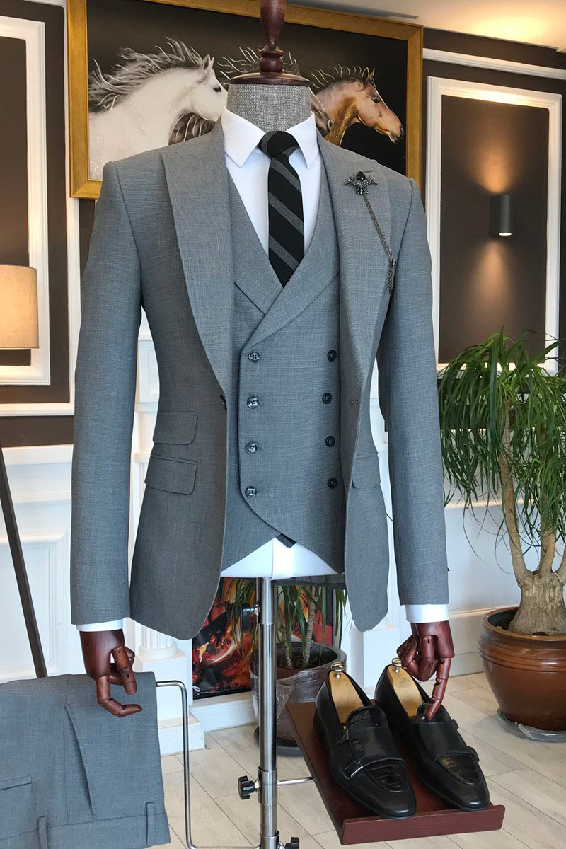 Trendy Grey Three-Piece Point Lapel Business Suit