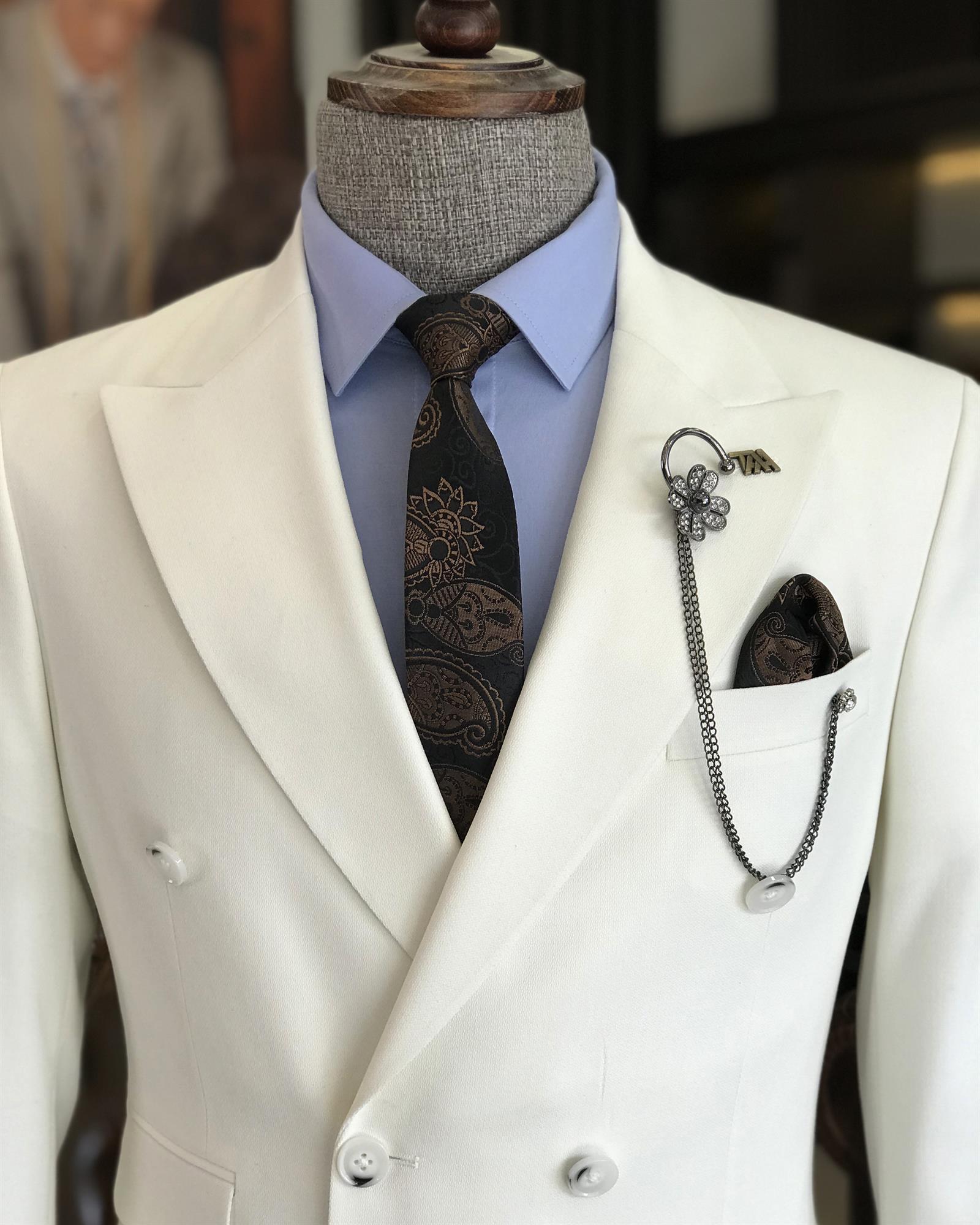 White Double-Breasted Lapel Collar Business Suit Two-Piece