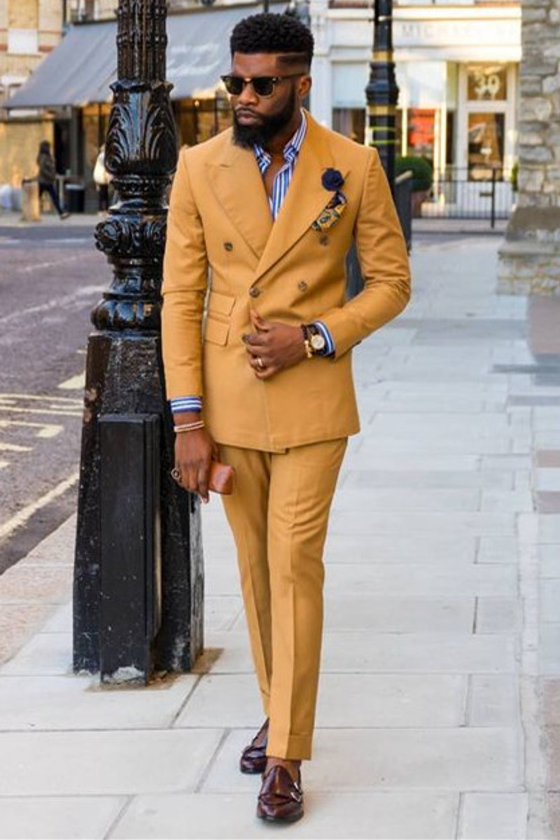 Joshua Chic Yellow Double Breasted Point Lapel Custom Men Suit