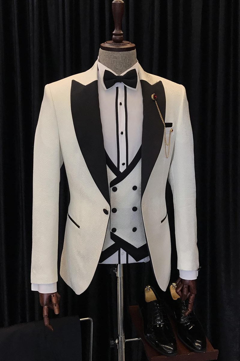 Anthony Stylish White Three-Piece Wedding Suit with Black Point Lapel