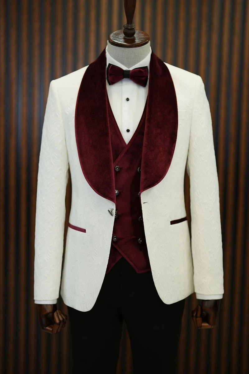 bella Burgundy Velvet Shawl Lapel Jacquard Slim Fit Three-Piece Tuxedo
