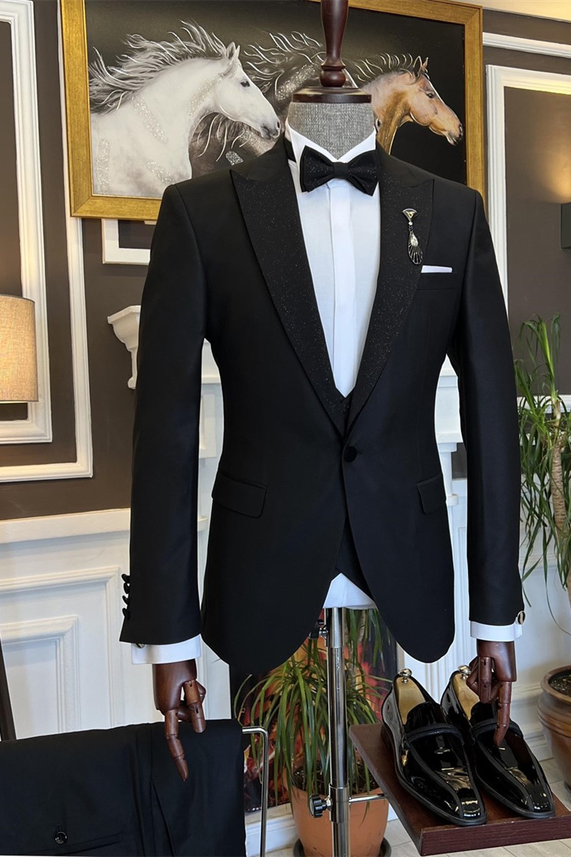 Carlton Chic Black Glitter Point Lapel Three-Piece Wedding Suit