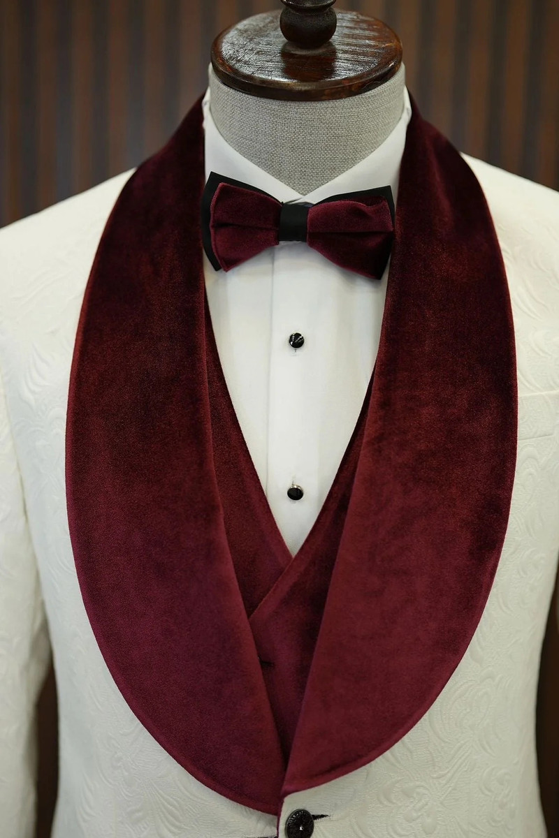 bella Burgundy Velvet Shawl Lapel Jacquard Slim Fit Three-Piece Tuxedo