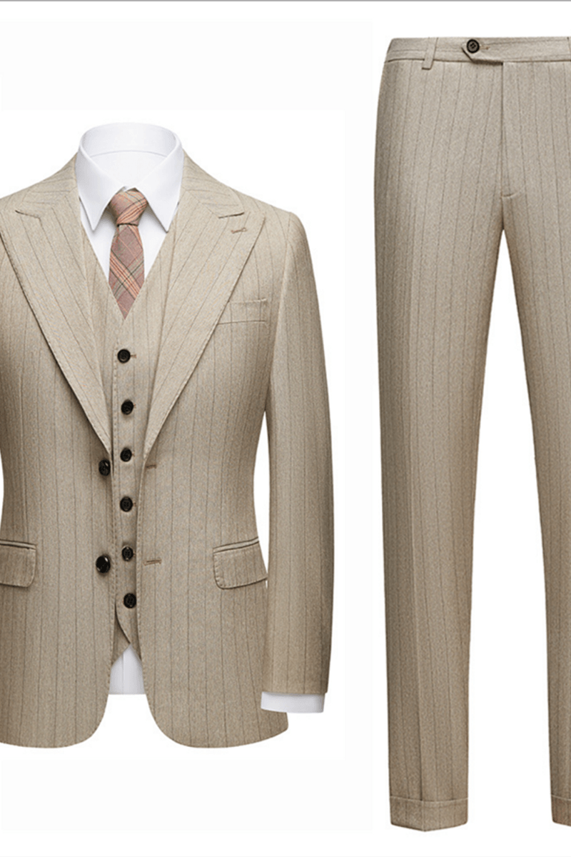 Gentle Khaki Striped Peak Lapel Formal Men Suit For Business