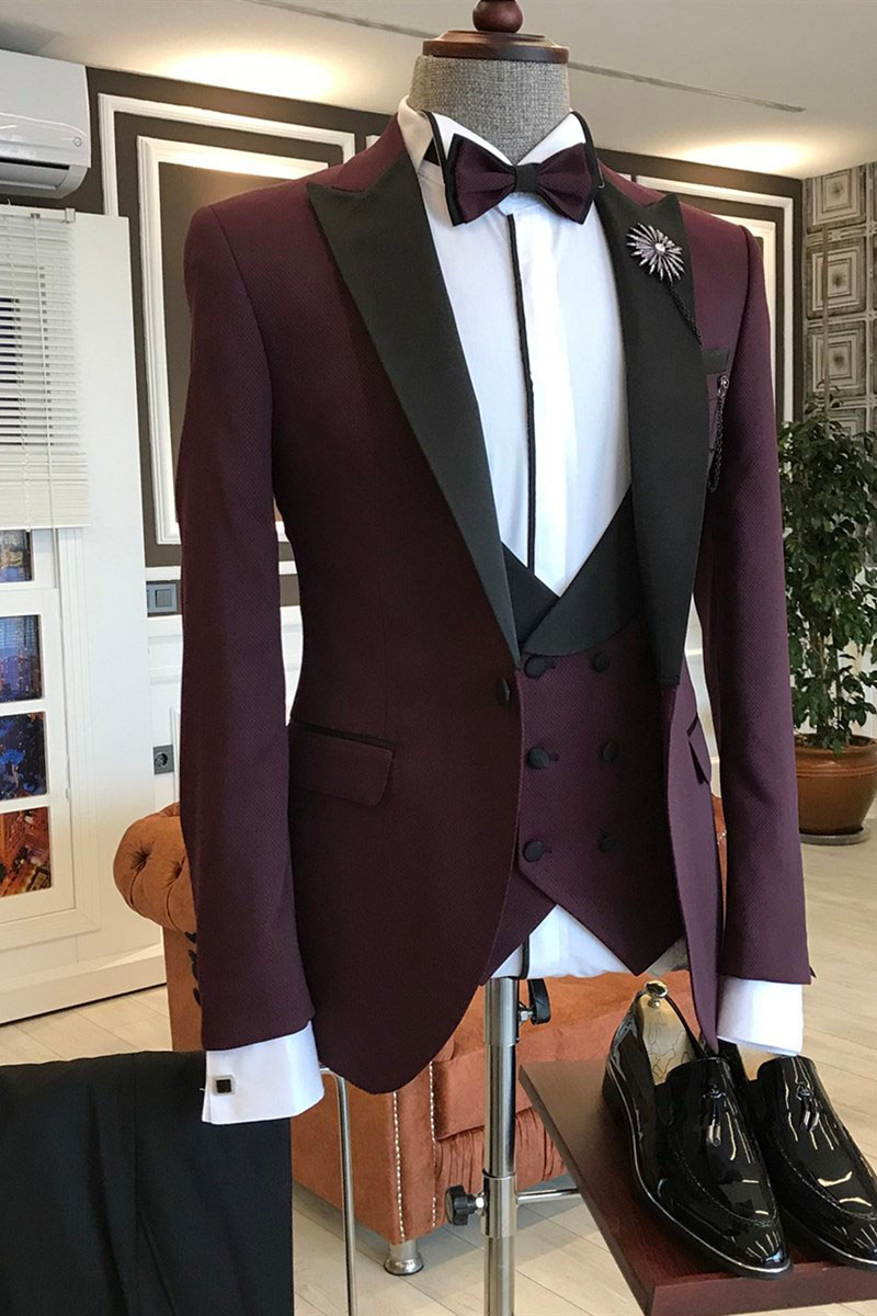 Kent Burgundy Three-Piece Black Point Lapel Double-Breasted Vest Suit