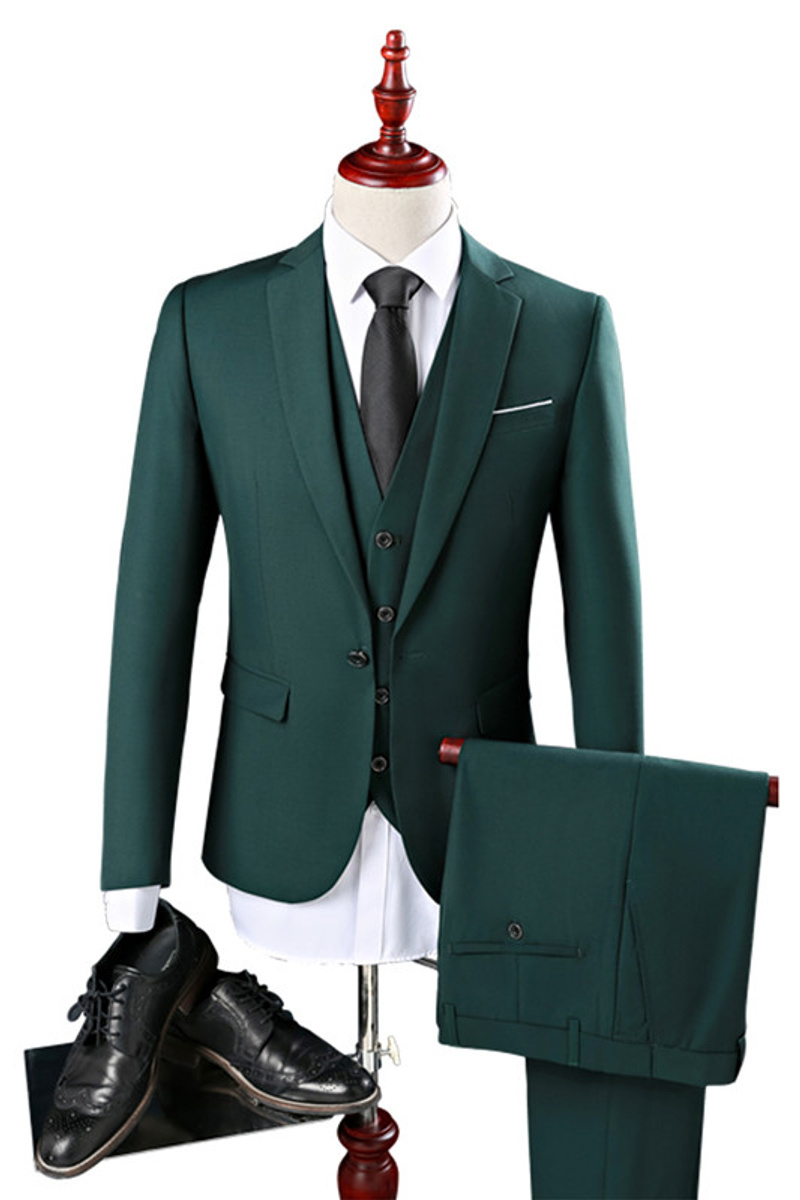 Three-Piece Hunter Green Tailored Suit Notch Lapel Tuxedo