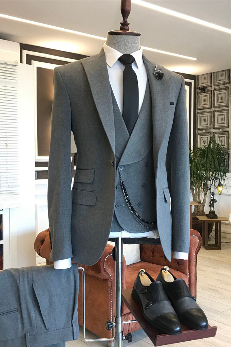Rice Field Dark Grey Three-Piece Point Lapel One-Button Business Suit
