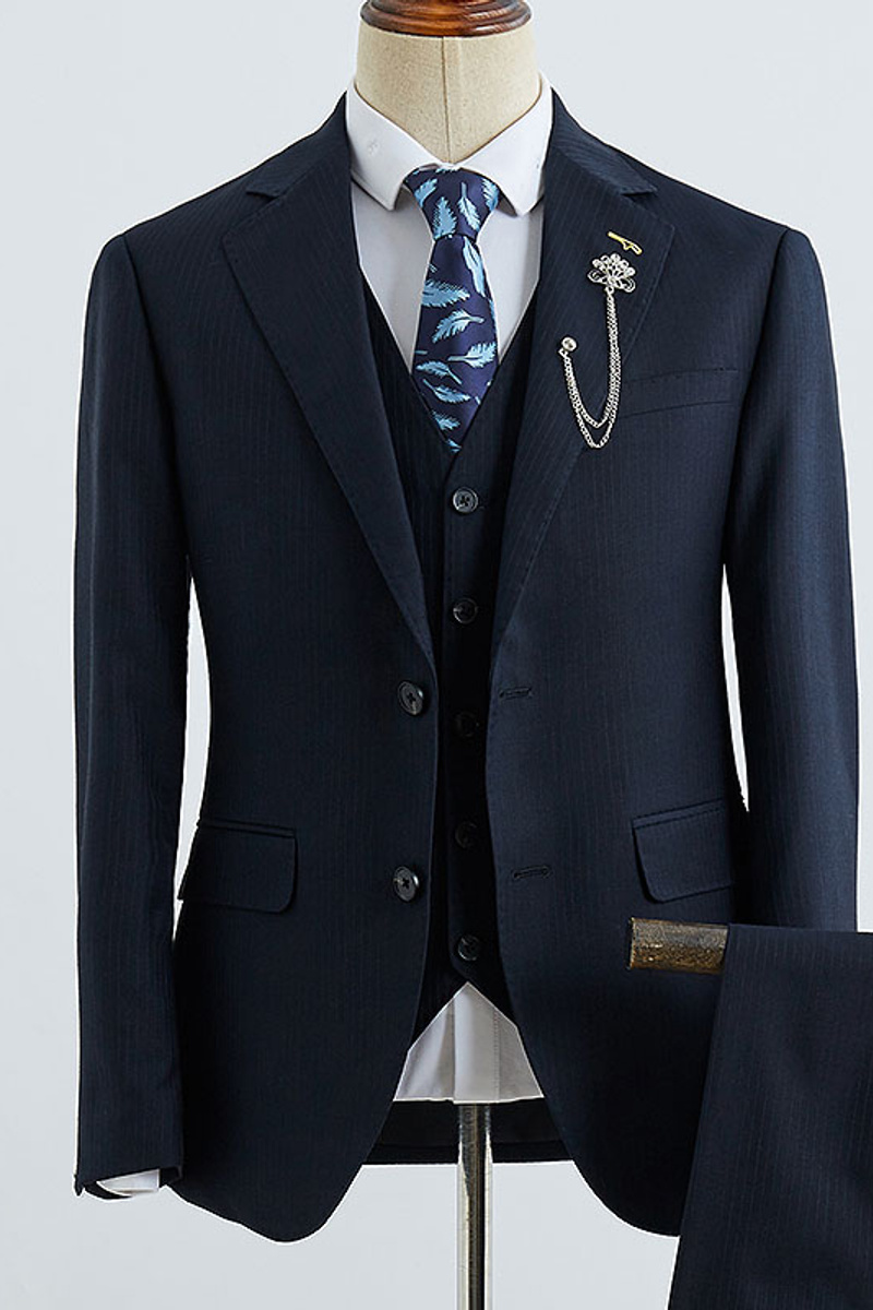 Booth Formal Navy Striped Three-Piece Slim Fit Tailored Suit
