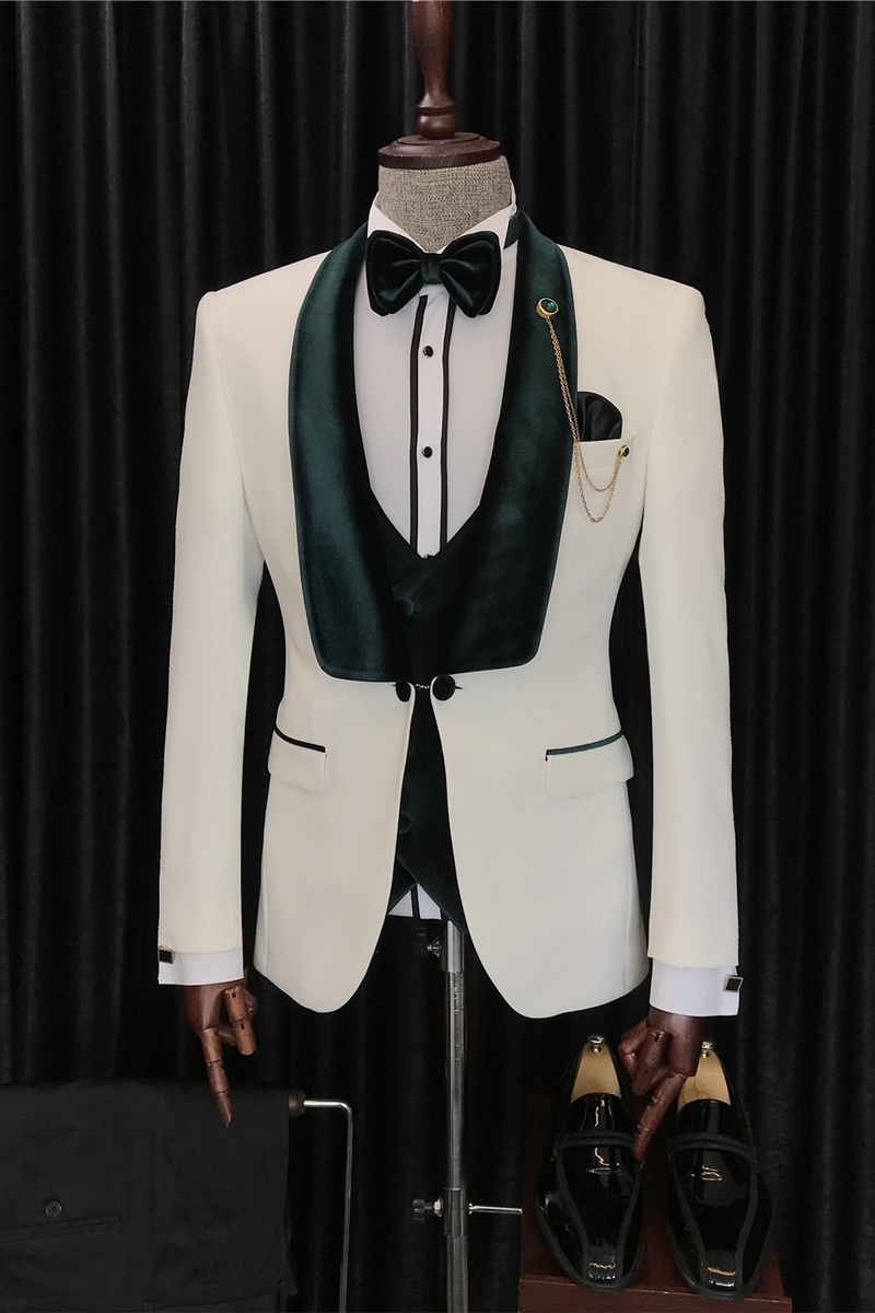 New Green Velvet Lapel White Three-Piece Suit Wedding Suit