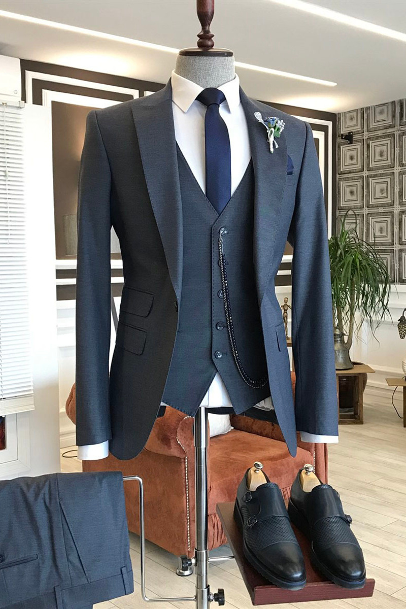 Leo Black Three Piece Point Lapel Formal Business Suit