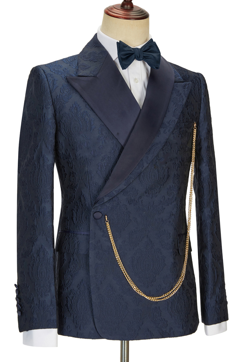 Brandon Navy Slim Fit Jacquard Point Lapel Wedding Suit